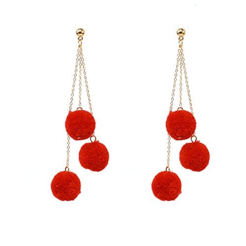Sunlight House 1Pair 3 Pompoms Plush Ball Multilayer Long Dangle Ear Drop Fashion Women Jewelry (Red)