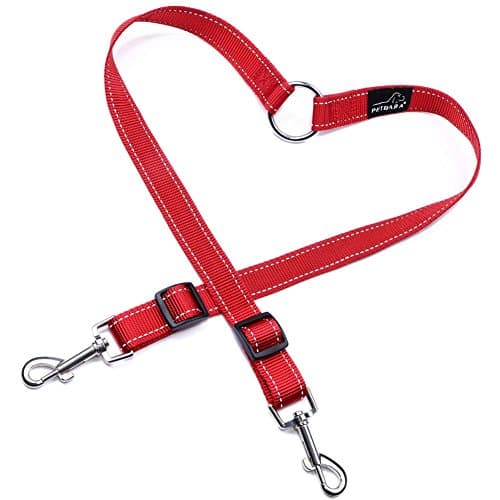 Double Dog Lead Split, PETBABA 30-50cm Long Adjustable Reflective Safe at Night Coupler Tangle Free Dual Leash Splitter to Walk Two Doggy 2 Pet in Red