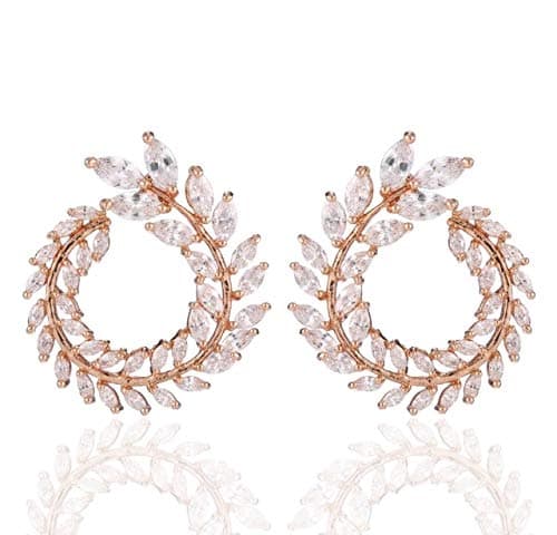 Naritva Copper Olive Branch Leaf Shaped Cubic Zircon Stud Earrings for Women