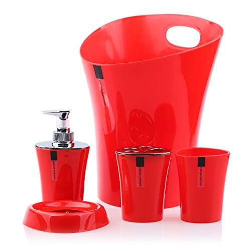 5 Piece Plastic Bathroom Accessory Set Soap Dish,soap Dispenser,toothbrush Holder,tumbler and Waste Bin (Red)