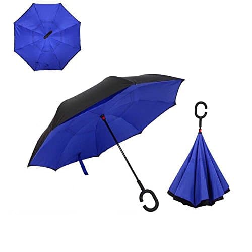 Windproof Reverse Folding Double Layer Inverted Umbrella with C shape Handle, Self Standing, Inside Out , Hand Free (Royal Blue)
