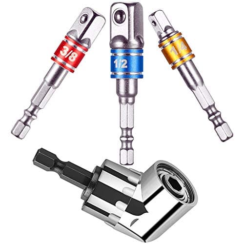 4Pcs Power Hand Tools,1/4" 3/8" 1/2" Impact Grade Driver Sockets Adapter Extension Set Drill Bit+105°Right Angle Drill Bit Adapter Attachment 1/4" Drive Hex Magnetic Bit Socket Screwdriver Drill