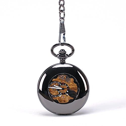 Hollow Black Skeleton Steampunk Mechanical Automatic Self - Wind Pocket Watch With Chain Vintage Antique Watch