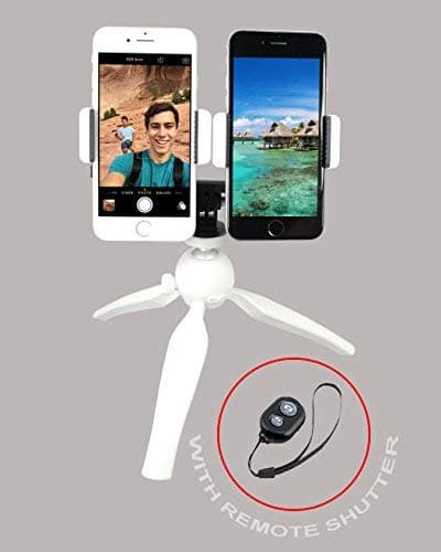 Octo Mount - Dual White Cell Phone Tripod with Remote Bluetooth Shutter Works with iPhone, Gopro, Android, Samsung Galaxy, Pixel, All Normal Sized Smartphones (2 Device Pro Tripod)