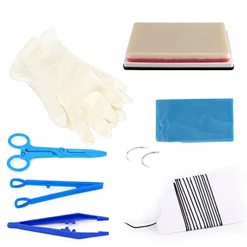 12 Pcs Suture Practice Kit, Large Suture Pad with Anti-slip Base/2 Suture Needles/4 Suture Thread/Round Head Plastic Tweezers/Plastic Needle Holder/Plastic Hemostatic Forceps/Rubber Gloves/ Hole Towel