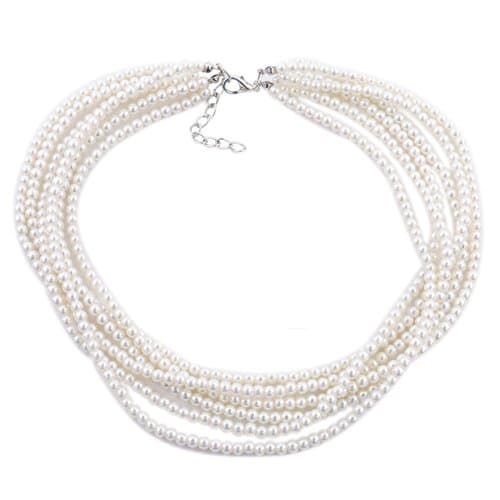 Kalse Multiple 6 Strands White Pearls Seed Beads Cluster Torque Choker Chunky Necklace 17"-19"