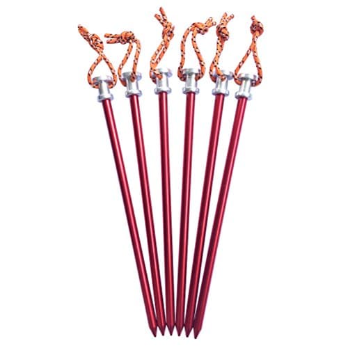 Tripmas 6 Pack Solid Aluminum Tent Stakes with Pull Cords &amp; Pouch, 9" in Length, Red