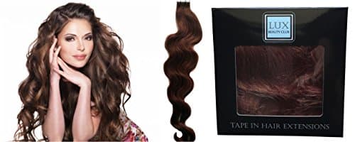18" Color 04 Medium/Chocolate Wavy 20 Pcs per Package Indian Remy Human Tape In Hair Extensions by Lux Beauty Club