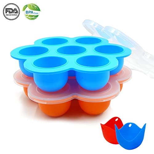 2 Pack Silicone Egg Bites Molds for Instant Pot, Tossow Reusable Baby Food Storage Containers, Silicone Freezer Trays with Lid - BPA Free &amp; FDA Approved - Bundle with 2 Bonus Egg Poacher