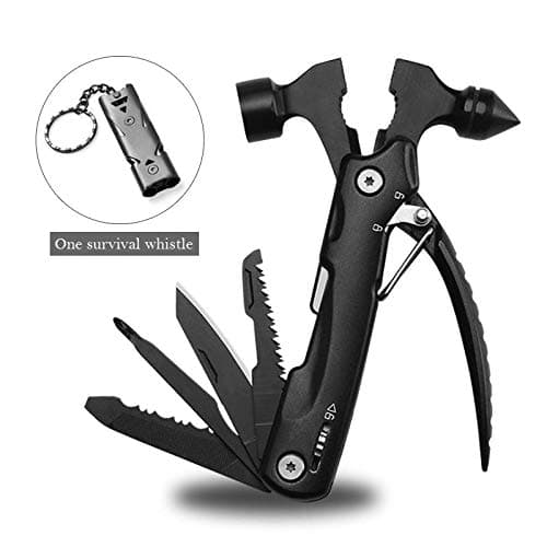 Multi Survival Car Tool Kit with Hammer Head for Emergency Escape, Built in Pocket Folding Knife for Window Breaking and Outdoor Camping Surviving, Come with One Survival Whistle