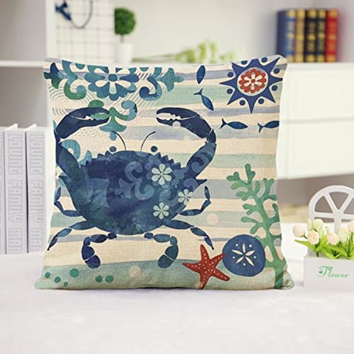 Huacel Ocean Park Theme Throw Pillow Case, Sea Turtle Octopus Fishes Retro Cotton Linen Square Throw Pillow Case Decorative Cushion Cover Pillowcase Blue Ocean Series Sea Life 18x18 Inch - Crab