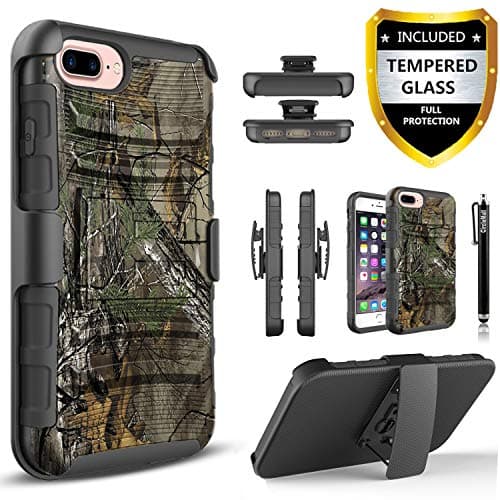 [Circlemalls]- iPhone 7 Plus Case, with [Tempered Glass Screen Protector Included], (NOT Fit iPhone 7 ) Dual Layers Combo And Built-In Kickstand Belt Clip Holster Shockproof Phone Cover- Camo