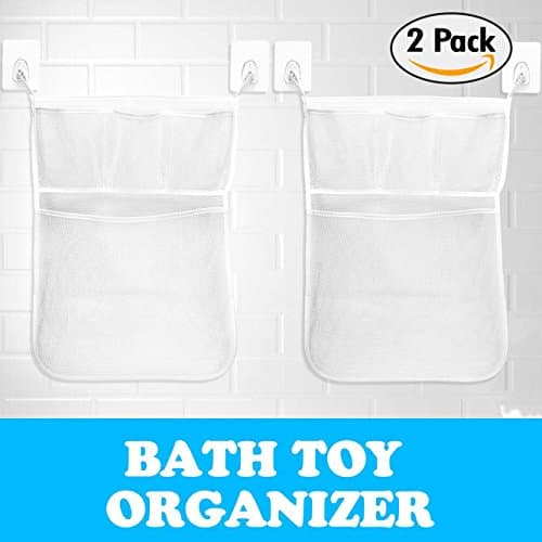 2 Sets Bath Toy Holder, with 2 Big Mesh Bag Organizer + 4 Nail Free Ultra Strong Hooks, Perfect Idea for Bathtub Toys and Bathroom Storage