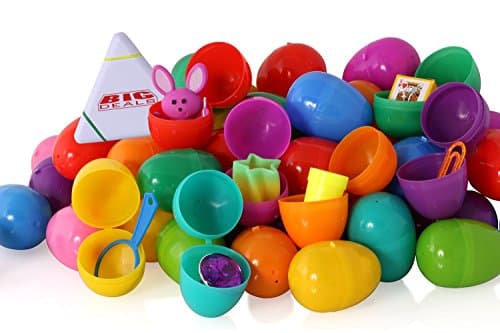 Toy filled Easter eggs, surprise eggs filled with Easter toys, 50 pack great for Easter eggs school hunt, Surprise Eggs Hinged Together for Easy Assembly with Bonus Easter Multi Color Highlighter