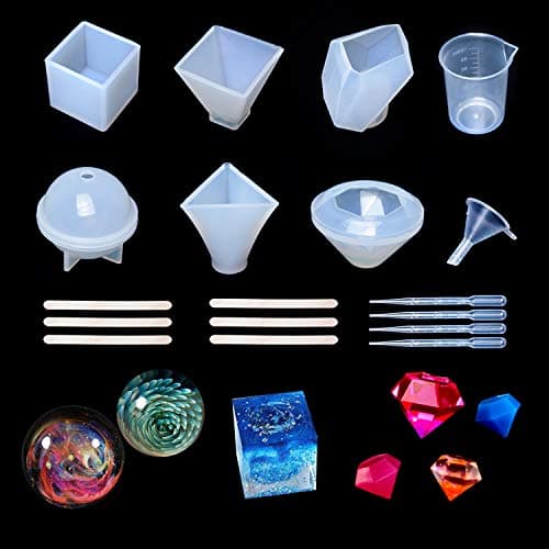 Large Resin Casting Molds, 6 Pack DIY Silicone Molds for Epoxy Resin Art Including Spherical, Cubic, Diamond, Pyramid,Triangular Pyramid, Stone, Measurement Cups, Wood Sticks, Droppers, Small Funnel