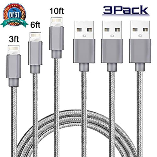Lightning Cable Nylon Braided Sync and Fast Charging Cable 3 packs[3 6 10ft] for Apple iPhone X/8/7/7 Plus/6s plus/6s/6/6 plus, iPad/iPod