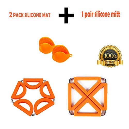 OZUZ Multipurpose Silicone Kitchen Tool : 1PAIR Pot Holders (Oven Mini Mitt) plus 2PCS Expandable Heat Resistant Hot Pads,Cup Mat,Trivets,Spoon Rest,Coaster (Orange)