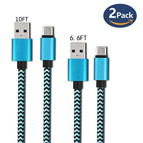 Type c cable usb c cable Roseking usb 3.0 (2PACK 6.6ft/ 2M+10FT/3M)Braided Fast Charger Cord for New Macbook, LG G6 ,Google Pixel, Nexus 6P, Nintendo switch samsung galaxy s8 (Blue).