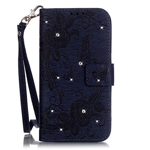 iPhone 7 Wallet Case,QFJ [ Wrist Strap ] Embossed [ Spot drilling ] Premium PU Leather Wallet [ Card Slots ] Flip Stand Case Cover for Apple iPhone 7 (4.7 inch) 2016 (Dark Blue)