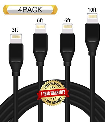 Ulimag Lightning Cable 4Pack 3FT 6FT 6FT 10FT iPhone Cable USB Cord Charging Charger for iPhone X, 8, 8 Plus, 7, 7 Plus, 6s, 6s Plus, 6, 6 Plus, SE, iPad (Black)