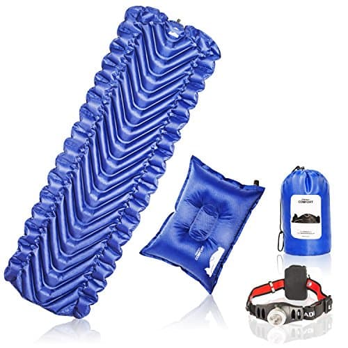 Sleeping Pad For Camping lightweight Inflatable For Backpacking Outdoors by Perfect Comfort – BONUS Pillow &amp; Headlamp Flashlight, 51 Pages Ebook – Best For Sleeping Bags, Hammocks, Thermarest
