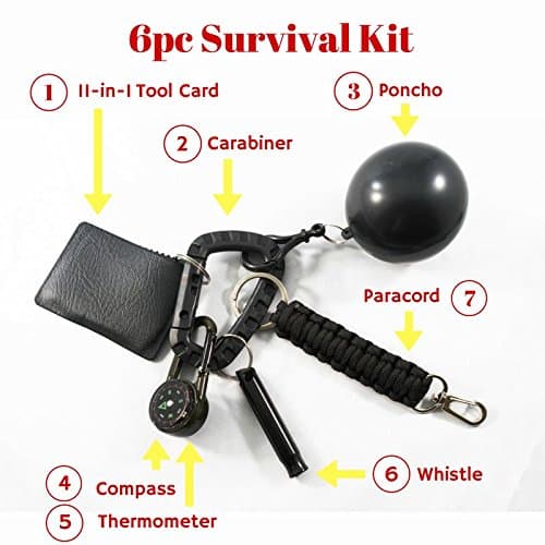 Compact Outdoor Emergency Survival Tool Kit for Camping and Explorers, 7 Tools, includes Paracord, Carabiner, 11-function Tool Card, Waterproof Poncho, Emergency Hiking Whistle, Compass, Thermometer