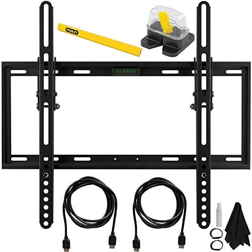 Deco Mount Flat &amp; Tilt Wall Mount Complete Hook-Up Bundle for 32-60 inch TVs Includes Mount w/ Built-in Leveler, Carpentry Pencil, Magnetic Stud Finder, Two HDMI Cables, Screen Cleaning kit, and More