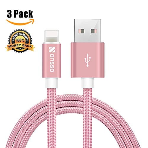 Onsso Nylon Braided iPhone Charging Cable Lightning to USB Data Sync Cable Lightning Cable for iPhone 7,7 Plus,6S,6 Plus, iPhone 5s, 5c,5,iPad Mini,Mini 2,Air, Pro [3-Pack] (Pink, 1M/3.3Feet)