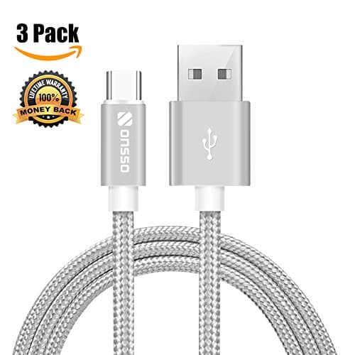 Onsso Nylon Braided Type C USB Cable, Hi-speed Type-C/USB C to USB Charging Cable for Samsung Galaxy S8/S8+,Nexus 6P 5X,MacBook,LG G5 V20,HTC 10,Huawei P10/P10+ [3-Pack] (Silver, 1M/3.3Feet)