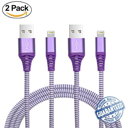 [Premium Quality] Heavy Duty Nylon Lightning Cable, iPhone 7 Cord, IPhone Charger, Charging Connector by Trusted Cables Compatible With iOS 11,(1m/3.2ft Cord) (2 Pack Purple White Nylon)