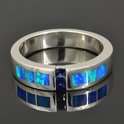 Lab Created Opal Wedding Ring with Blue Sapphires Set in Sterling Silver