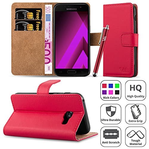 Galaxy A5 2017 Case, [Premium Leather] Wallet Book Card Case Cover Pouch For Samsung Galaxy A5 2017 [Free Screen Protector With Microfibre Polishing Cloth] &amp; [Free Touch Stylus] (Red)
