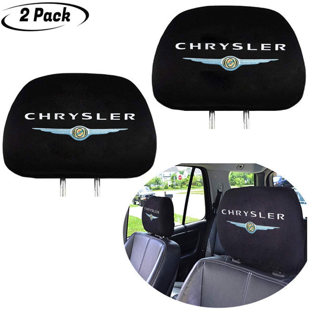 2Pcs Black Fabric Headrest Covers for Chrysler, Soft Elastic Fabric Universal Headrest Cover fits for 2001-2010 Chrysler Sebring Series, 2005-2018 Chrysler 300 Series, 2011-2014 Chrysler 200 Series.