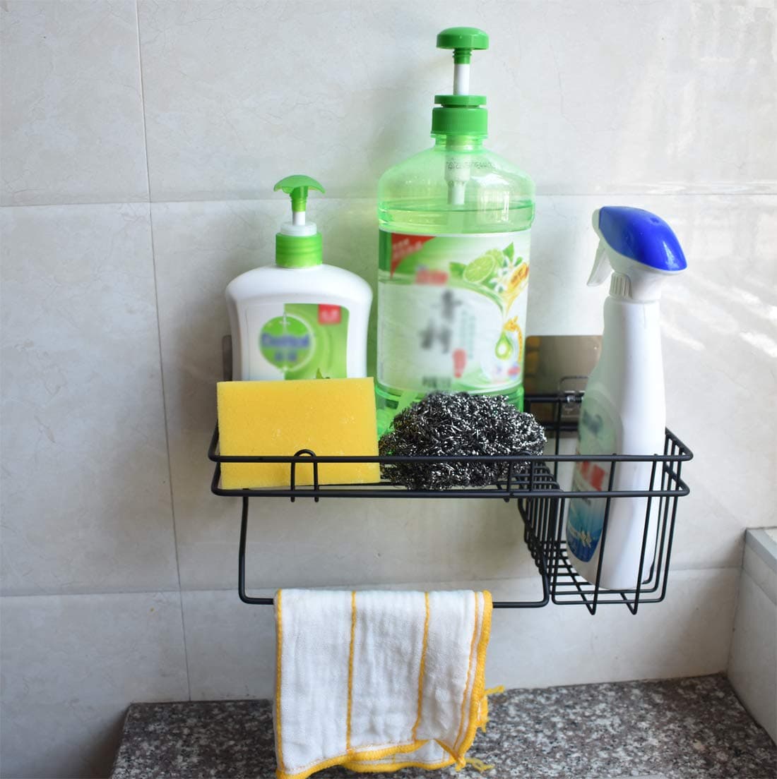 CHCYCLE Kitchen Sink Caddy Organizer, Sponge Soap Rag Dish Brush Holder Dishwashing Liquid Drainer Rack for Kitchen with Adhesive Hook