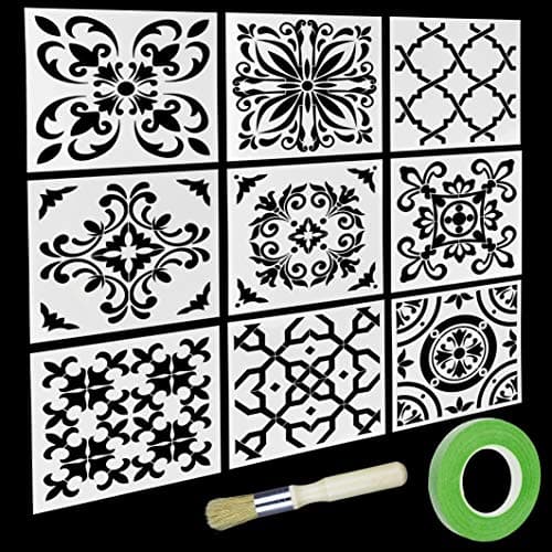 9 pcs Wall Stencil,,With Stencils Brush Great Alternative to Designer Wallpaper,Washable Painting Templates & One Stencil Brush & A Green Fixed Tape