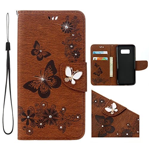 Galaxy S8 Plus Case,Samsung S8+ Wallet Case Flip PU Leather [Kickstand] Embossed Fashion Butterfly Card Holders Folio Magnetic Protective Cover With Wrist Strap For Galaxy S8 Plus(Brown-Bling)