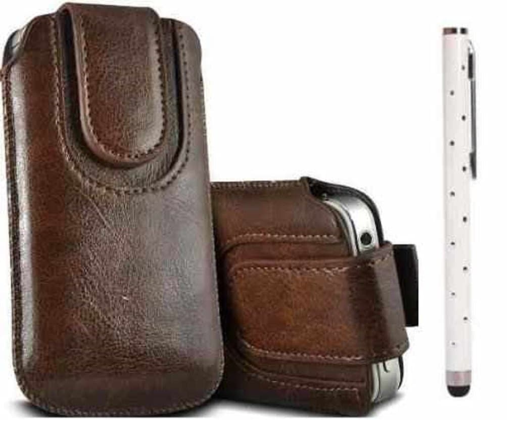 C63® - Brown Case for Doro PhoneEasy 612. PU Leather Protective Case Pouch with Magnetic Button. Pull Tab Case Cover for Doro 612 White Stylus Pen included