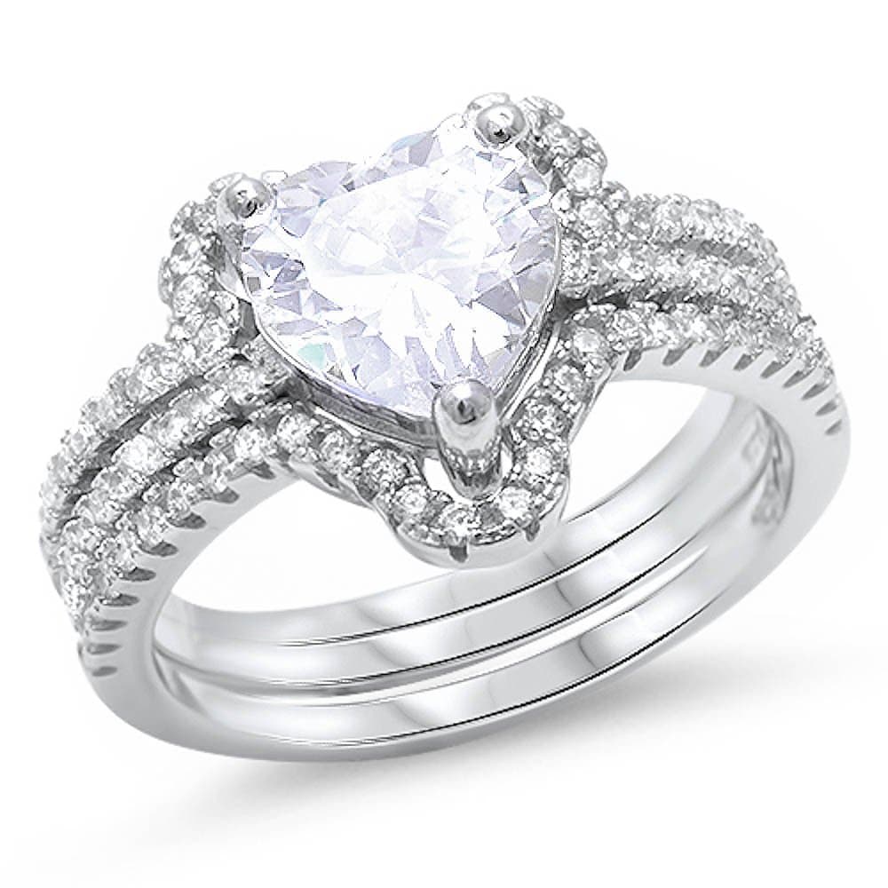 Oxford Diamond Co 3CT Heart Shape Solitaire 2 Ring Set .925 Sterling Silver Ring Sizes 5-10