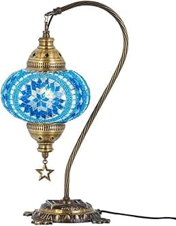 (33 Colors) DEMMEX Turkish Moroccan Mosaic Table Lamp with US Plug & Socket, Swan Neck Handmade Desk Bedside Table Night Lamp Decorative Tiffany Lamp Light, Antique Color Body (19)