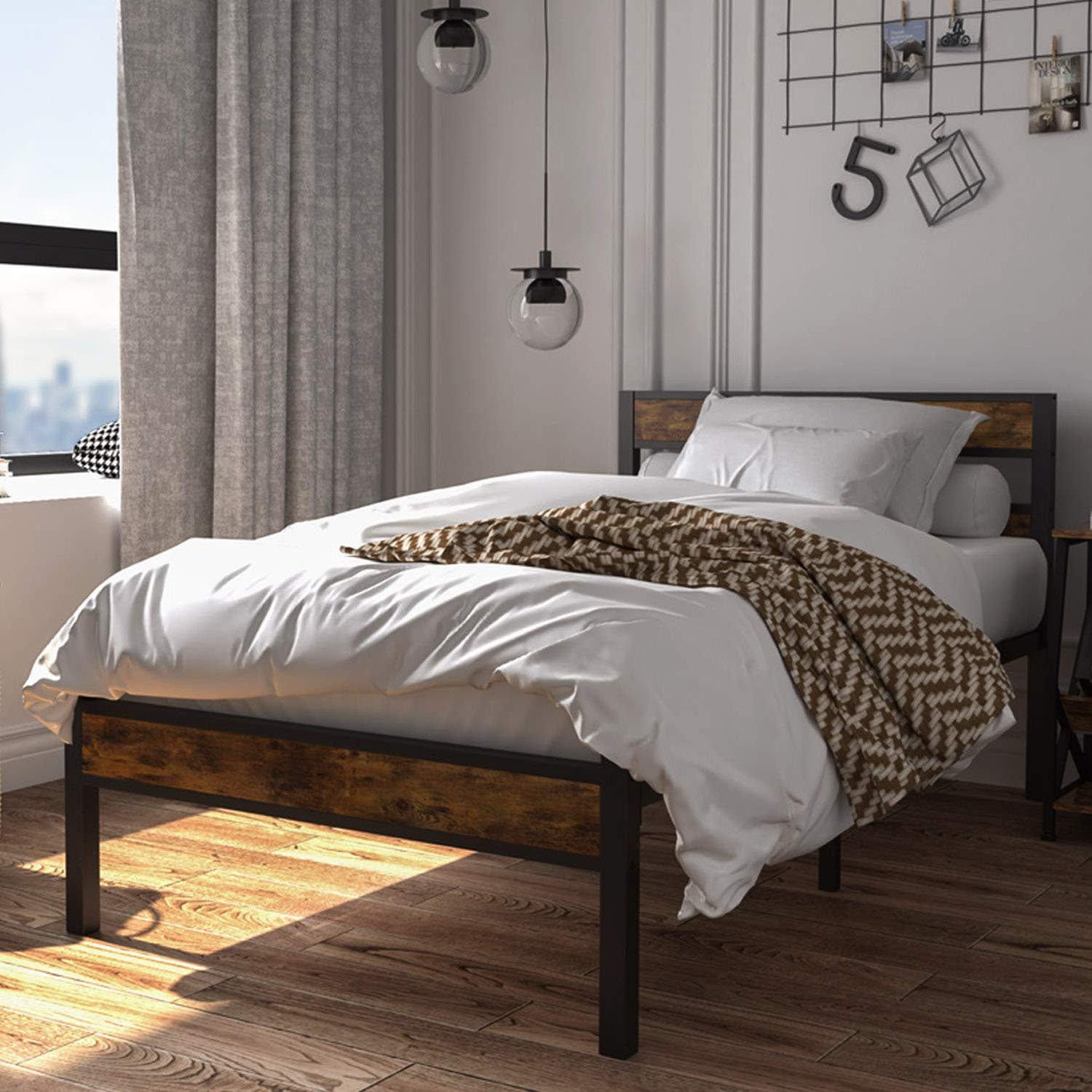 IRONCK Bed Frame Metal Studio Platform Bed with Wooden Headboard Footboard, No Box Spring Needed and Noise-Free, Firm Support, Twin Black and Brown