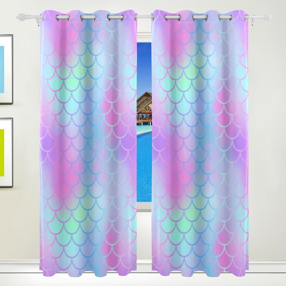 Chen Miranda Magic Mermaid Tail Texture Printed Blackout Window Curtain 2 Panel Set - Grommet Top - Thermal Insulated Room Darkening Curtains Drapes for Bedroom Living Room 84 x 55 inch