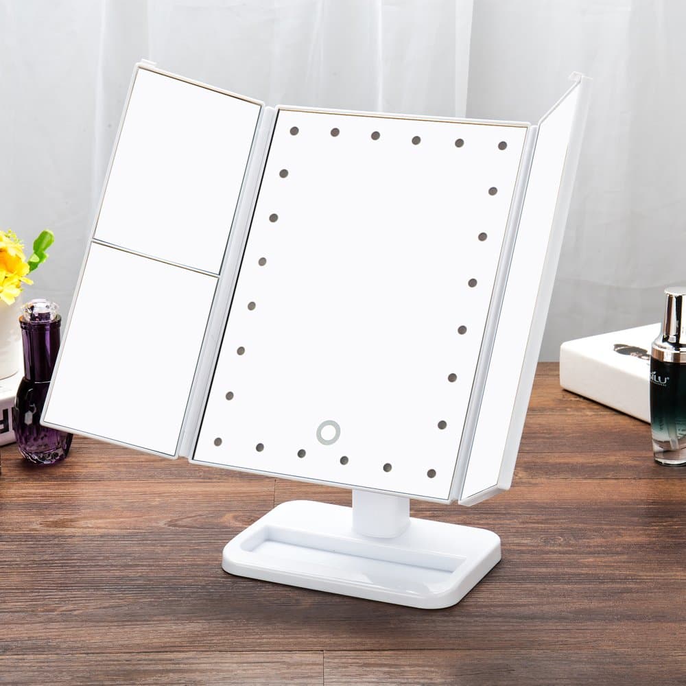 Loyogames LED Makeup Mirror Tri-Fold Lighted Vanity Mirror Three Panel, Touch Screen 24 LED Lighted Makeup Mirror with 1X/2X/3X Magnification (white)