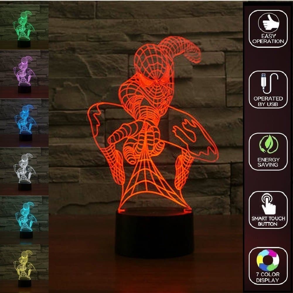 Superhero Spiderman 3D effect Table Lamp Optical Illusion Blubing Night Light 7 Colours Changing Mood Lamp, 3D night light for kids & adult, touch control USB charge table desk lamp (spiderman)