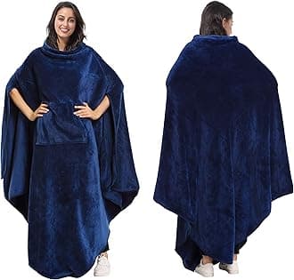 TirriniaTirrinia Fleece Wearable Blanket Comfy Poncho Plush Sleevesless Blankets for Adult Women Men Kids Capee Wrap Cover for Full Body, Indoors & Outdoors, Navy