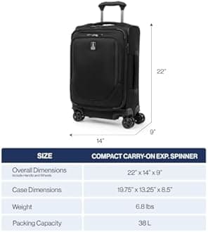 Travelpro Crew Classic Lightweight Softside Expandable Carry on Luggage, 8 Wheel Spinner Suitcase, Men and Women, Compact Carry On 20-Inch, Black, Black, Compact Carry On, Crew Classic Softside