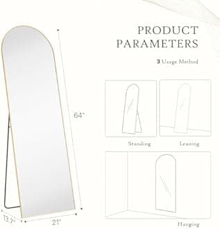Sweetcrispy 64"x21" Gold Arched Full Length Mirror, Standing Leaning or Mounted Hanging Wall Mirror for Bedroom, Livingroom, Cloakroom, Aluminum Frame Body Mirror, Modern