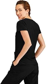 Minty Mint Women's V Neck Solid Stretch Medical Scrub Set Black M