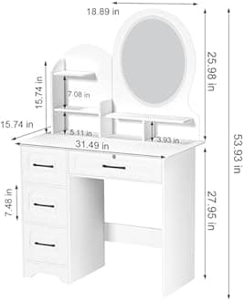 kamulouk Dressing Table, Vanity Desk with Vanity Mirror, Makeup Desk with Adjustable Brightness LED Lighting, 4 Drawers & Storage Shelves (White-B)