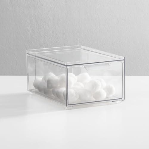 mDesign Plastic Bathroom Organizer Bin w/Pull Out Drawer - Slim Stackable Storage Container for Bathroom Accessories - Perfect for Organizing Bathroom Cabinet - Lumiere Collection - 4 Pack - Clear