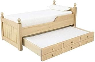 EatingBiting 1:12 Dollhouse Miniature Doll Furniture Wooden Wood Color Trundle Wooden Bed Doll Bed with Bedding and Decorative Pillow